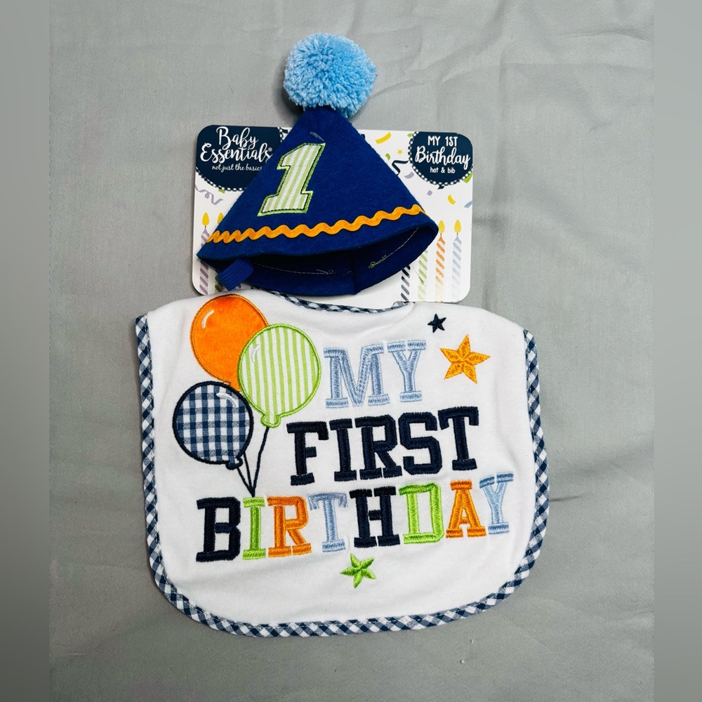 First Birthday White Baby Bib with Blue Gingham Trim